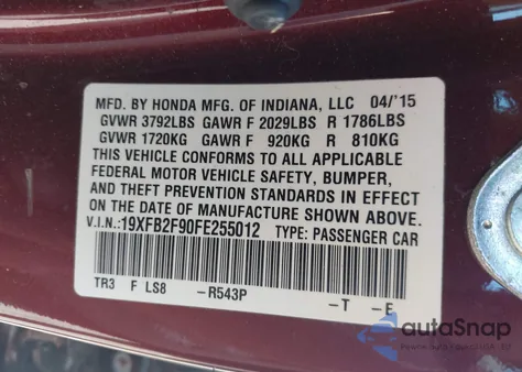 2015 Honda Civic Ex-L from USA, damaged, VIN 19XFB2F90FE255012